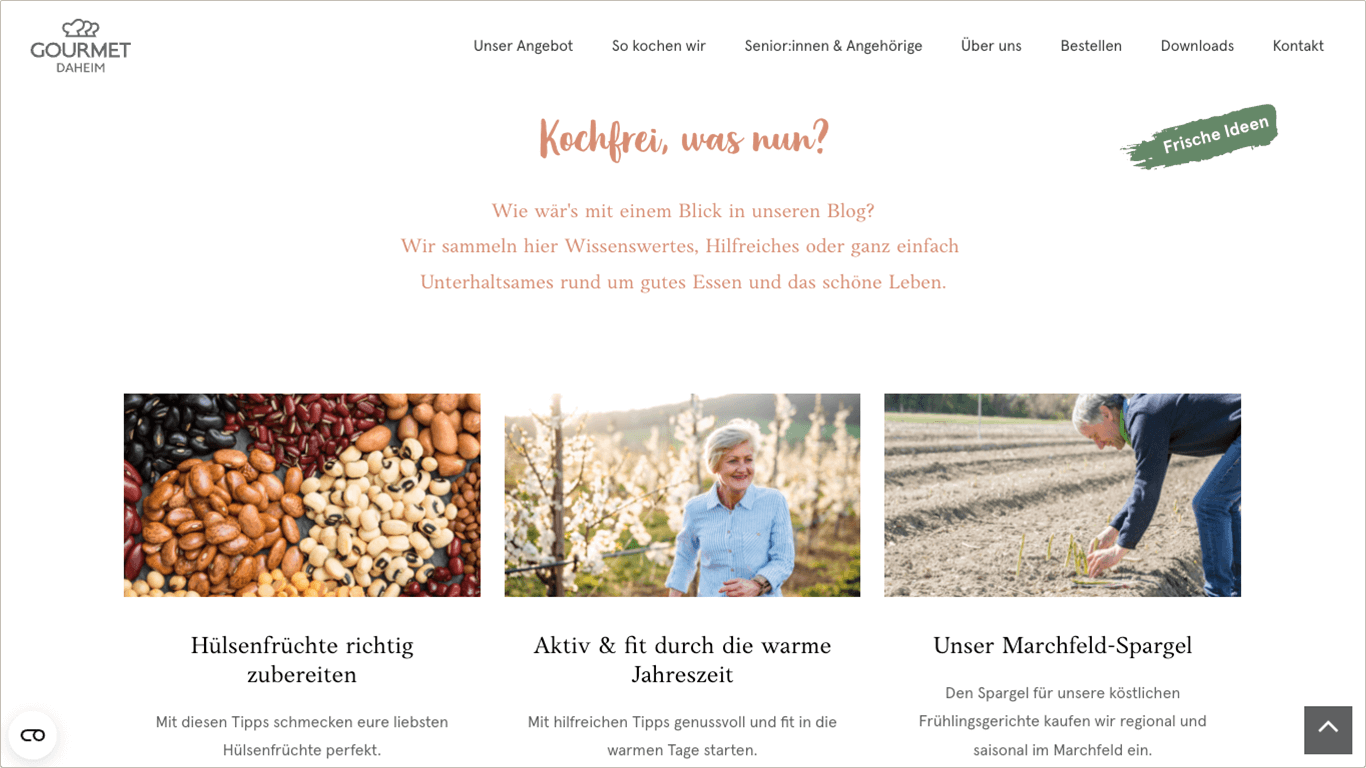 Screenshot GOURMET Daheim Website: Wissenswertes rund ums Kochen