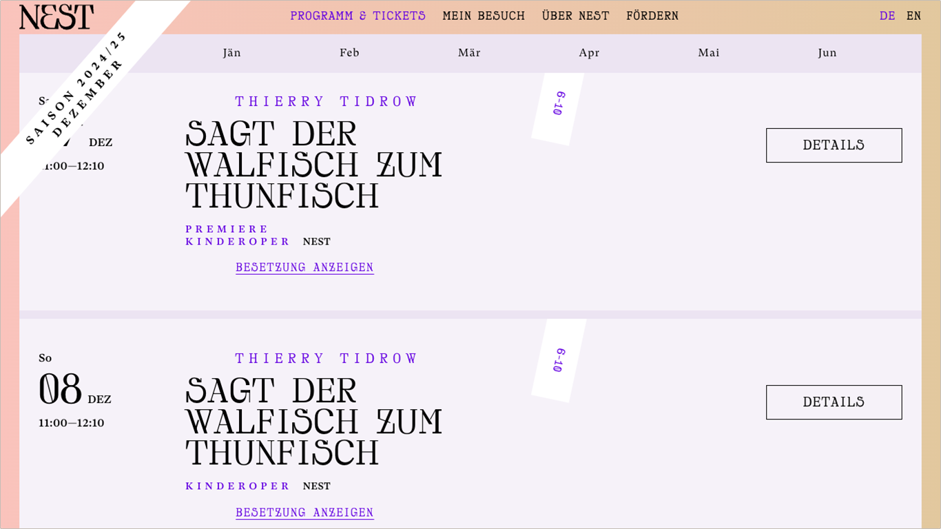 Screenshot Programmübersicht Spielplan Website NEST