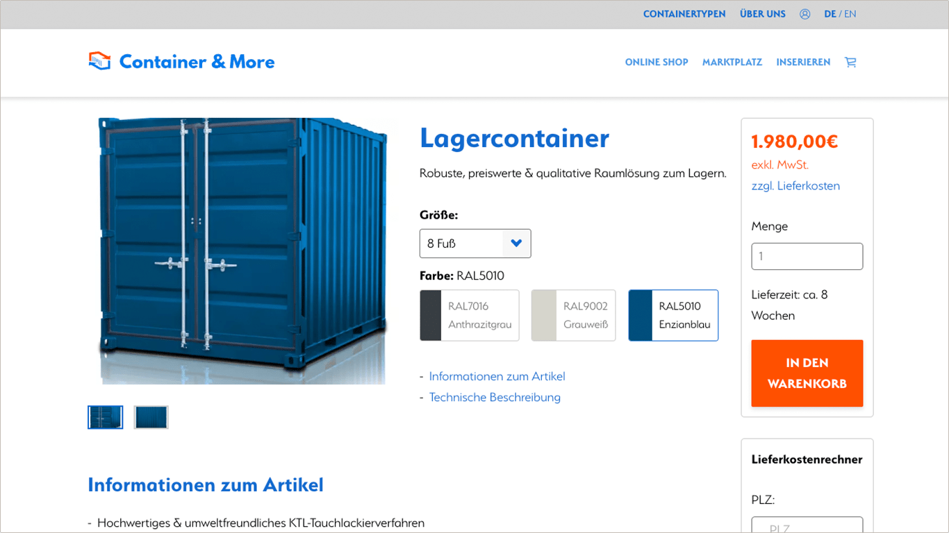 Screenshot Gebrauchtcontainer Online Shop: Produktseite