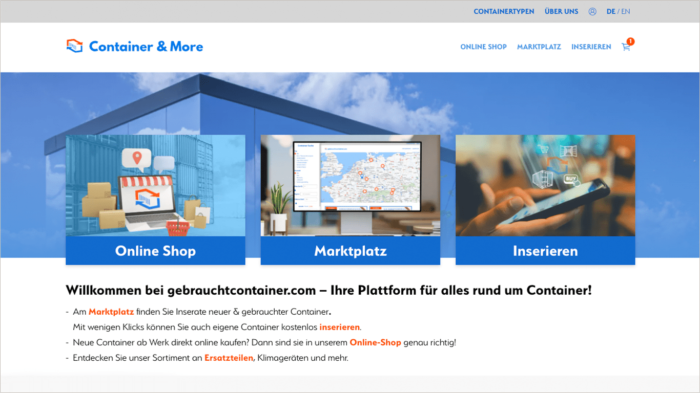 Screenshot Gebrauchtcontainer Online Shop: Startseite 