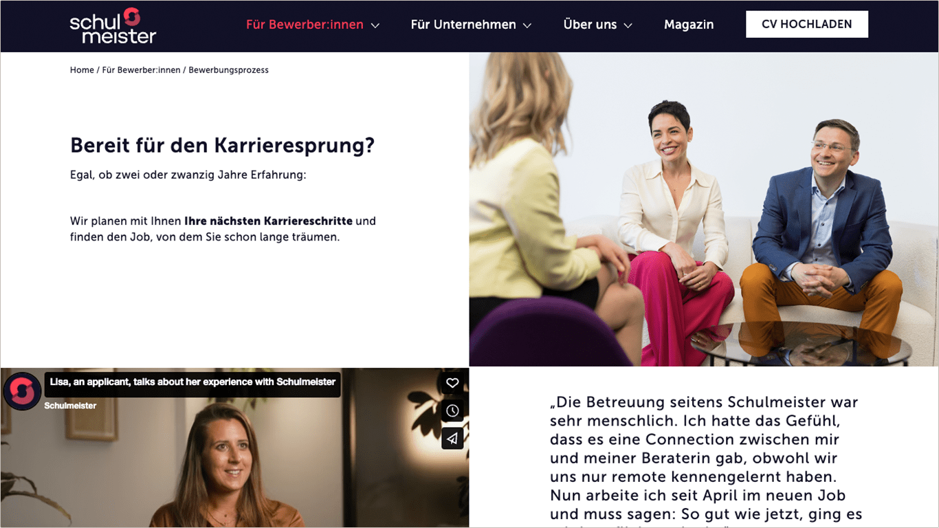 Screenshot Schulmeister Website: Bewerbungsprozess