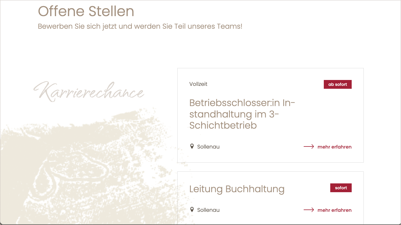 Screenshot Wewalka Website: Offene Stellen über Schnittstelle