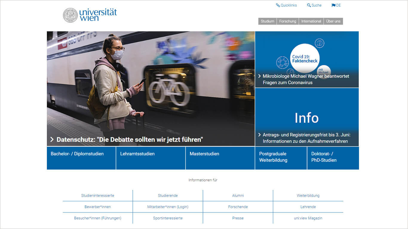 Screenshot der Startseite der Universität Wien: Headerbereich