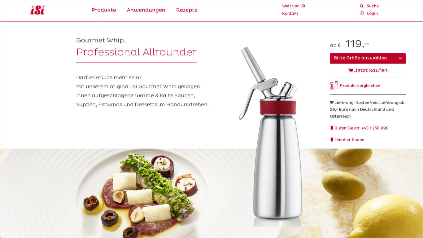 Website iSi Kulinarik mit Produktdarstellung